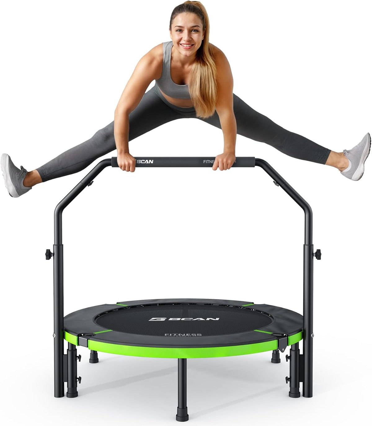 BCAN Indoor trampoline, 102 cm fitness minitrampoline, opvouwbaar, voor volwassenen met verstelbare handgreep, maximale belasting 150 kg, ideaal voor hometraining en fitnesstraining