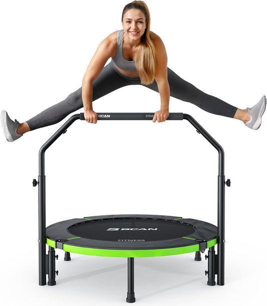 BCAN Indoor trampoline, 102 cm fitness minitrampoline, opvouwbaar, voor volwassenen met verstelbare handgreep, maximale belasting 150 kg, ideaal voor hometraining en fitnesstraining