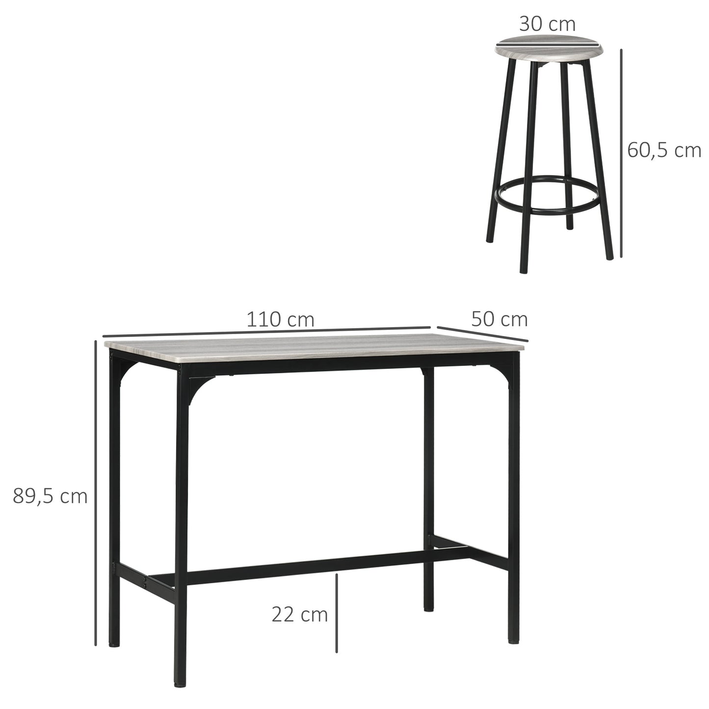 Barset – Bistro Set – Bartafel – Barkrukken – Eettafel – Compact Design – Metaal Frame – Grijs Melamine Tafelblad