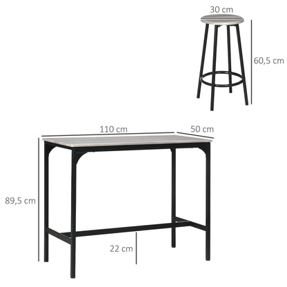 Barset – Bistro Set – Bartafel – Barkrukken – Eettafel – Compact Design – Metaal Frame – Grijs Melamine Tafelblad