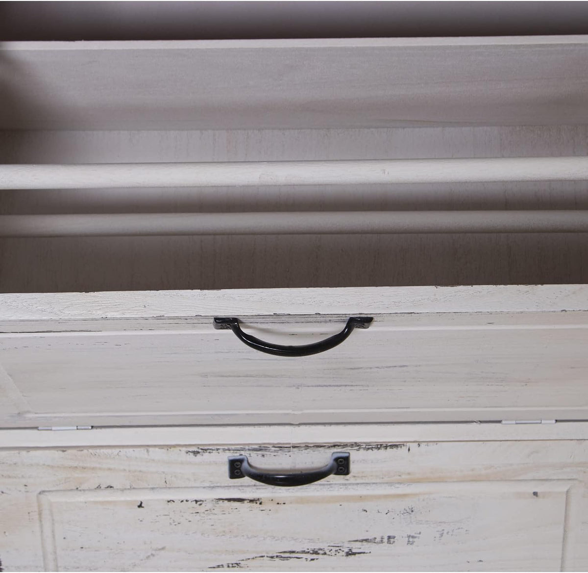 DRW Schoenenkast met 2 deuren en 2 laden van paulownia-hout, antiek wit, 60 x 30 x 107 cm