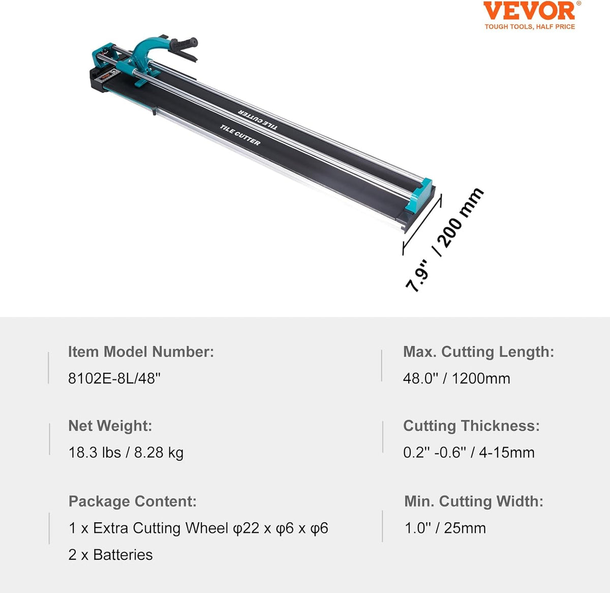 VEVOR Tegelsnijder dubbele rails snijlengte van 1200mm, minimale snijdikte 4-15mm. Snijbreedte 25mm Tegelsnijder incl. extra snijwieltje Tegelleg & renovatieprojecten