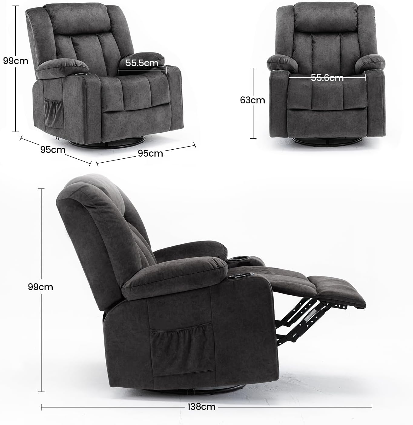 Relaxstoel – Verstelbare Fauteuil – Ligstoel – Loungechair – Draaifauteuil – Met Voetensteun – Ademend Stof – Met Bekerhouders en Opbergruimte – Grijs