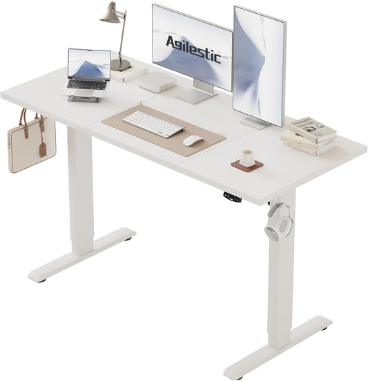 Agilestic In hoogte verstelbaar bureau 120 x 60 cm, stabiel bureau met elektrische hoogteverstelling en handmatige bediening met geheugen, ergonomisch bureau om staand of zittend te werken, wit
