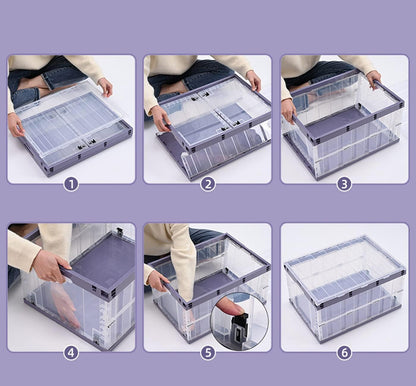 TUKA-i-AKUT TKD8640 Opvouwbare opbergdozen met deksel, stapelbaar opvouwbaar, stabiele stapelkisten met handgreep, stapelbak, organizer, vouwdozen, stapelboxen, doorzichtig, 6 x 55 l, roze, 6 x 55 l,