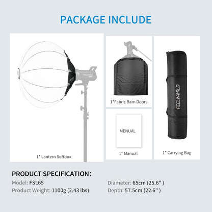 FEELWORLD FSL65 65cm lantaarn Softbox, LED Studio Licht Softbox, Foto Set Accessoires, Bowens Mount, met Stoffen Schuurdeuren Draagtas, voor Fotografie Selfie Live Streaming Interview Verlichting