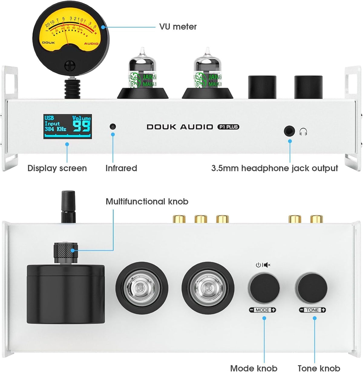Douk Audio 2-kanaals Bluetooth vacuümbuizen, voorversterker, hifi-hoofdtelefoonversterker, USB-DAC pc-geluidskaart, draadloze ontvanger, audio preamp met VU-meter, optisch, coaxiaal, APTX, LDAC