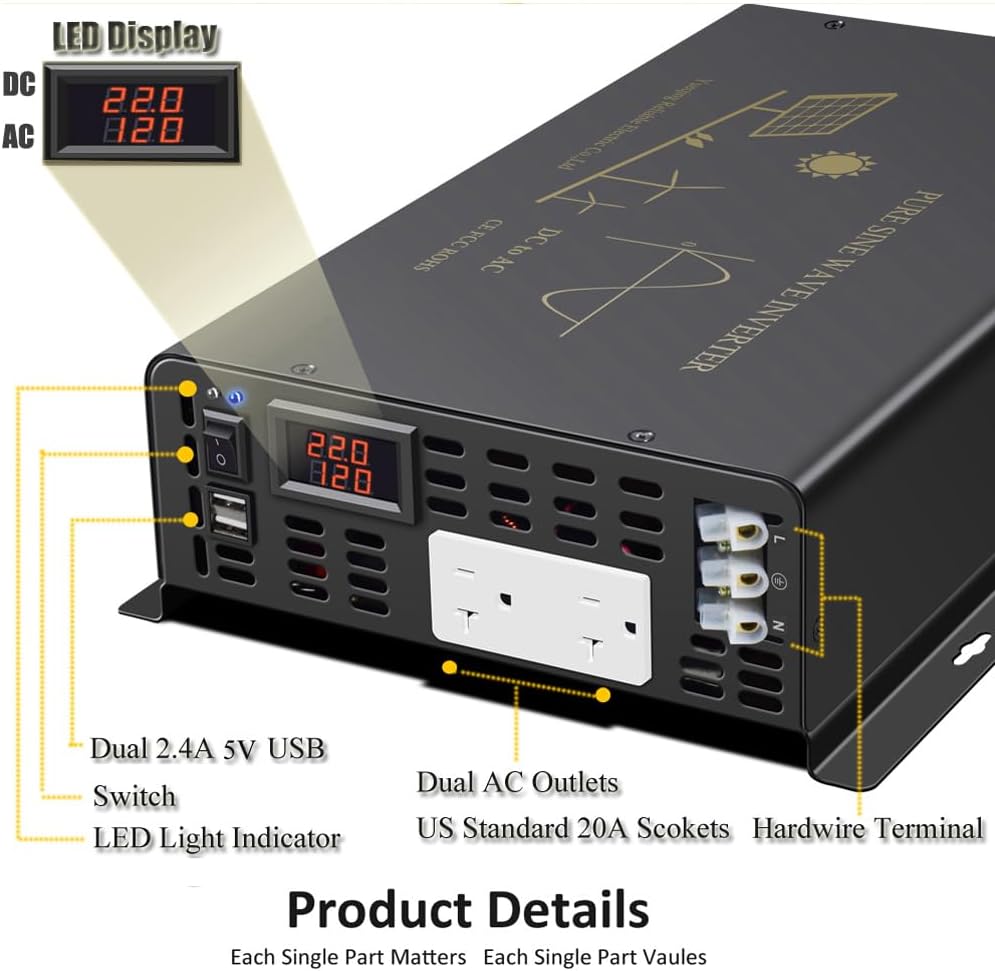 3000Watt Pure Sine Wave Power Inverter 24VDC to 120VAC 6000W Peak Built-in Soft Starter Dual AC Outlets 2× 2.4A USB Port &Hardwire Terminal Off-Grid Solar Converter RV Trucks (U5-300024)