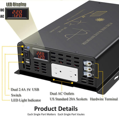 3000Watt Pure Sine Wave Power Inverter 24VDC to 120VAC 6000W Peak Built-in Soft Starter Dual AC Outlets 2× 2.4A USB Port &Hardwire Terminal Off-Grid Solar Converter RV Trucks (U5-300024)