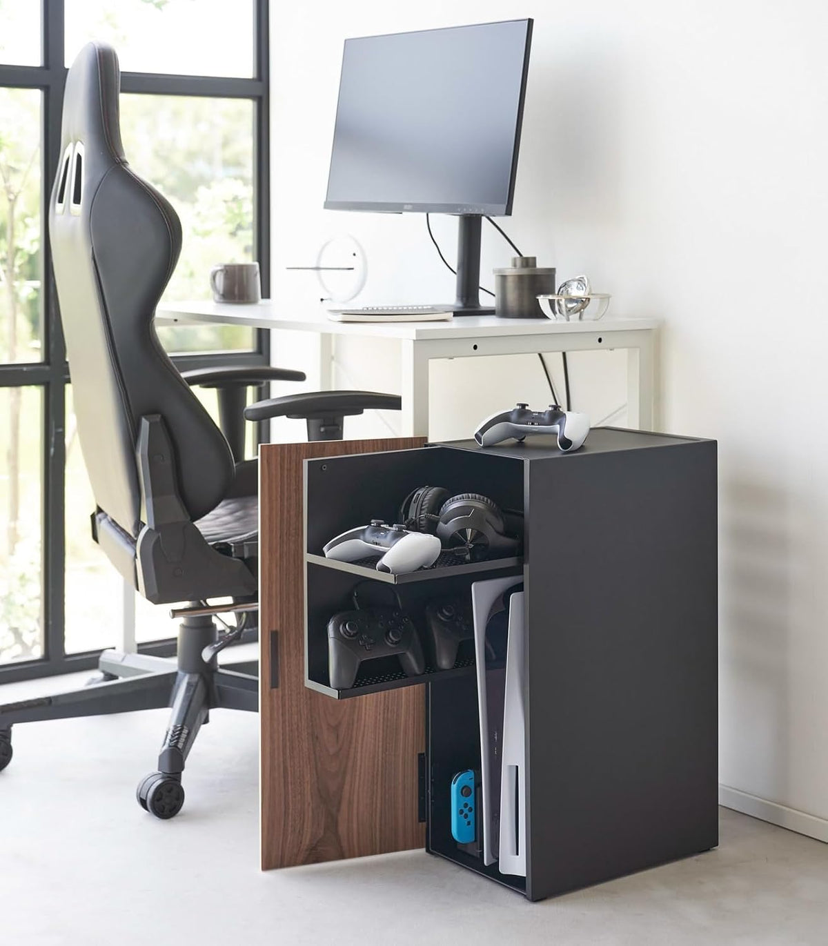 Yamazaki 2110 TOWER Game Console Organizer, black, Steel/Wood/Magnet/Silicone, 24.7 x 36.5 x 60.3 cm