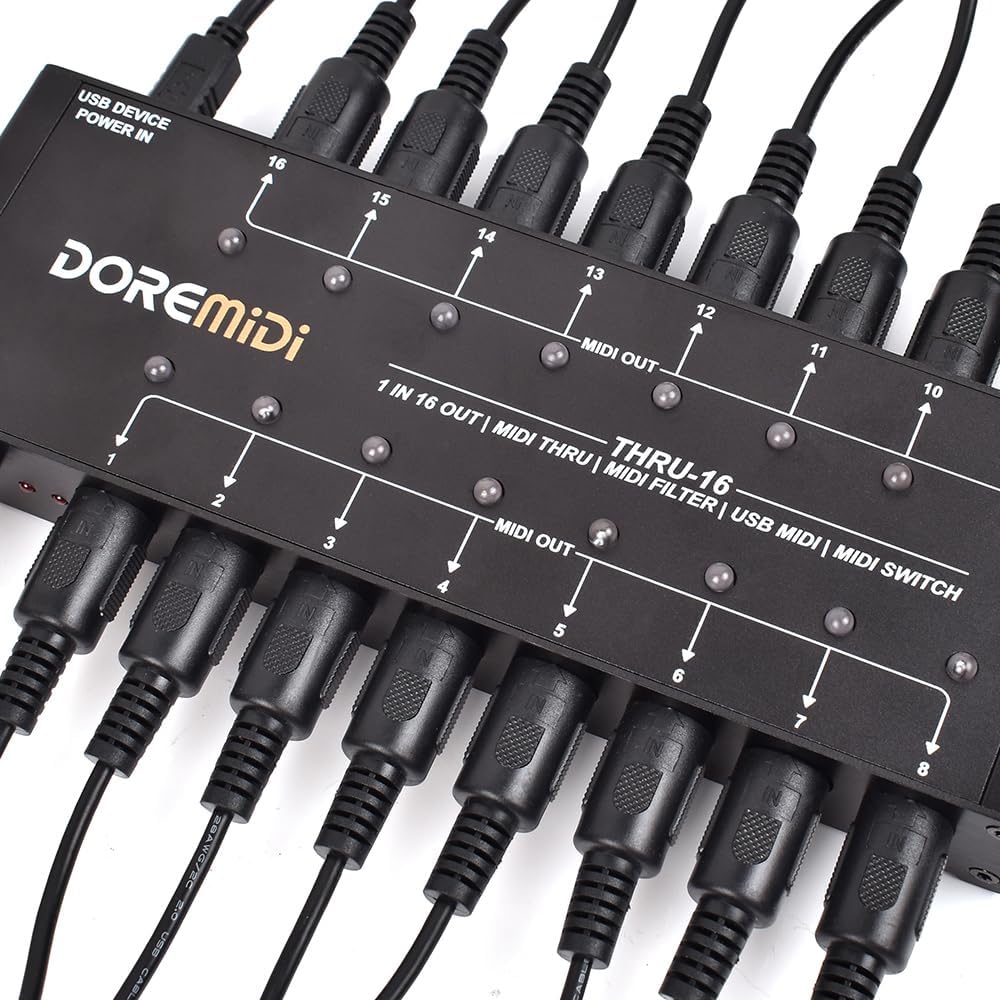 MIDI-Thru Box – MIDI Splitter – MIDI Verdeler – MIDI Router – MIDI Patchbay – 16 Uitgangen – 1 MIDI-Ingang Naar 16 MIDI-Uitgangen – Per Uitgang Instelbare Filtering