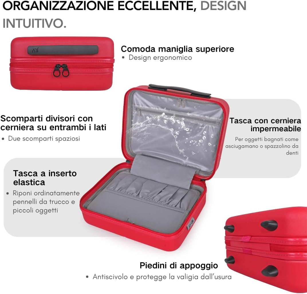 JLY Premium Zwarte Kofferset 100% Duits Bayer Polycarbonaat Superieure Organisatie TSA-beveiligingsslot Ultra-stille Wielen, Bessen Rood, Vanity Case, S (55cm)
