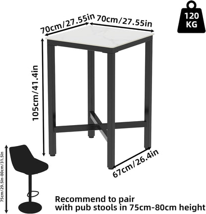 FATIVO Bartafel vierkant gesinterde steen: 70 x 70 cm glanzend wit marmeren staven tafels toonhoogte 105 cm cocktailtafel bar meubels voor thuis keuken ontbijt dineren, pub, coffeeshop, kantoor,