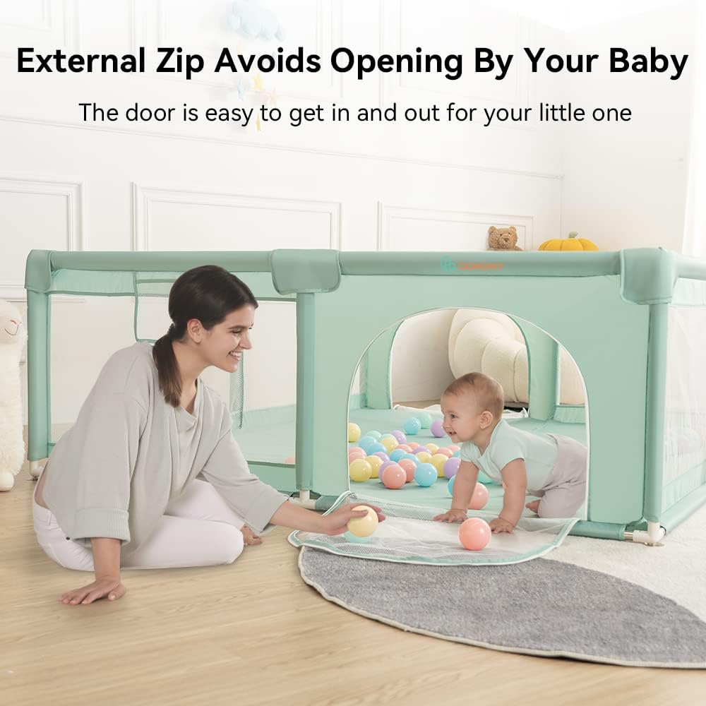 COMOMY Baby Playpen 180 x 150 x 66 cm Playpen for Babies and Toddlers, Large Playpen with Activity Centre for Children, Indoor & Outdoor, Playground with Non-Slip Bottom, Breathable Mesh (Green) - QUORE