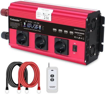 Yinleader 12V/24V naar 230V 2500W / 5000W omvormer LCD 3 EU stopcontacten 4 USB