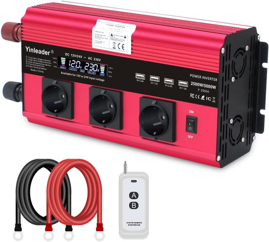 Yinleader 12V/24V naar 230V 2500W / 5000W omvormer LCD 3 EU stopcontacten 4 USB
