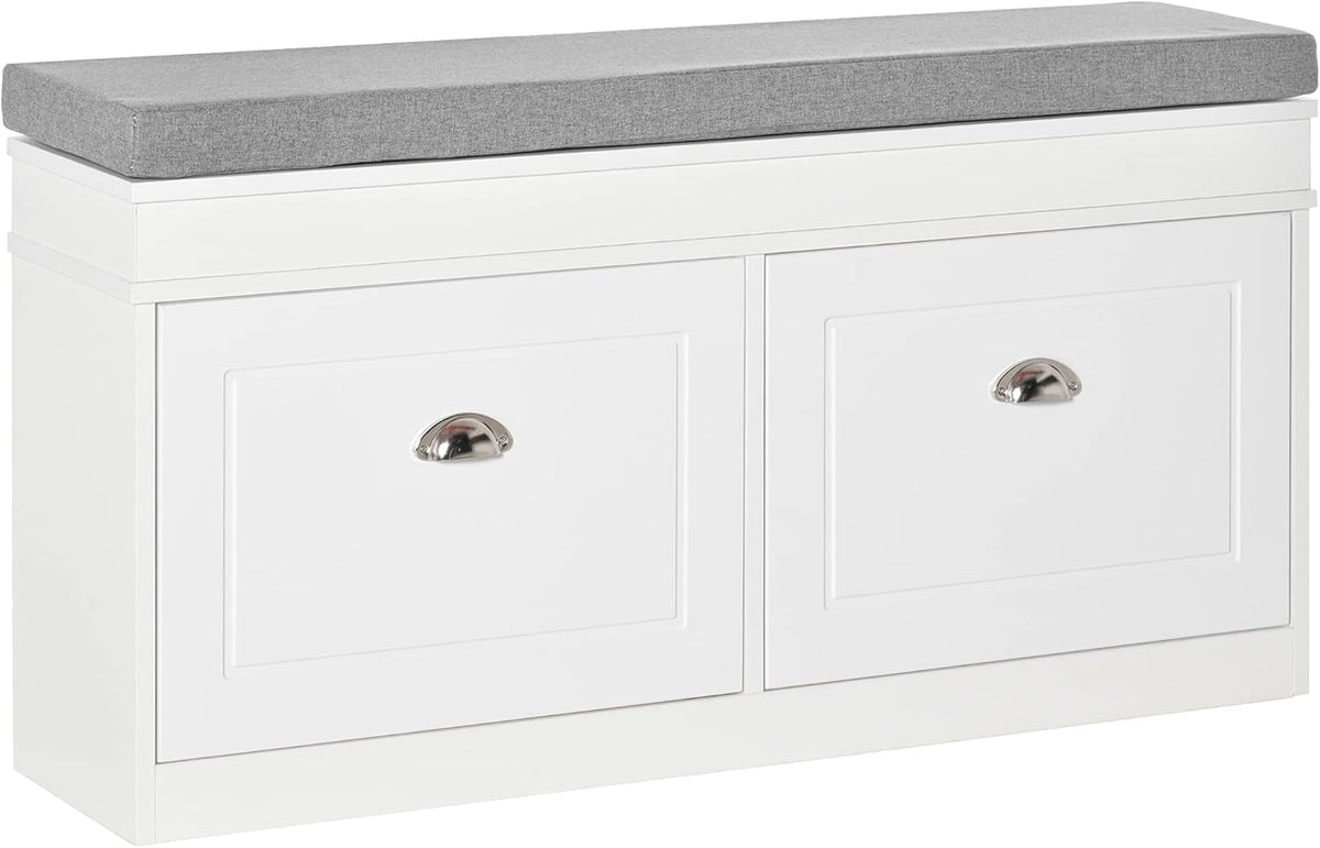 HOMCOM shoe rack shoe bench with cushion and 2 drawers chipboard MDF polyester foam white + grey 104 x 24 x 55 cm - QUORE