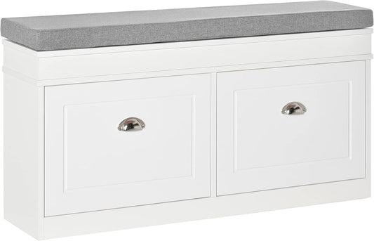 HOMCOM shoe rack shoe bench with cushion and 2 drawers chipboard MDF polyester foam white + grey 104 x 24 x 55 cm - QUORE
