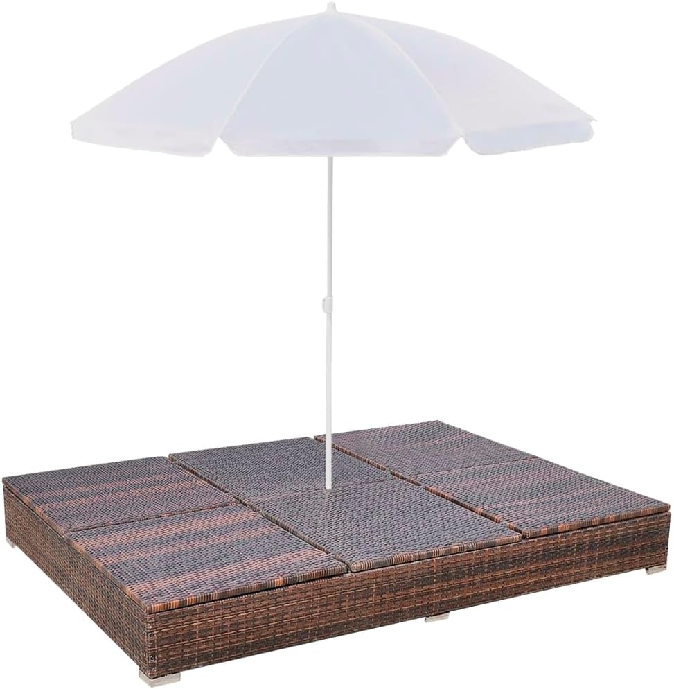 vidaXL Lounge Bed with Parasol Sun Lounger Garden Bed Chair Lounger Garden Furniture Outdoor Furniture Furniture Garden Lounge Furniture Poly Rattan Brown - QUORE