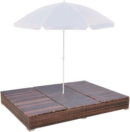 vidaXL Lounge Bed with Parasol Sun Lounger Garden Bed Chair Lounger Garden Furniture Outdoor Furniture Furniture Garden Lounge Furniture Poly Rattan Brown - QUORE