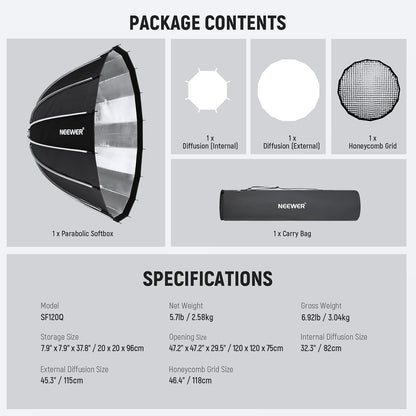 Parabolische Softbox – Softbox – Studio Softbox – Fotografie Softbox – Bowens Softbox – 120 Cm – Quick Release In Minder Dan 15 Seconden – Inclusief 2 Diffusers En Honingraatrooster