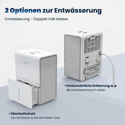Newentor Luchtontvochtiger 25 l/24 uur, voor ruimtes van 215 m³/80 m², 3-voudige geluidsreductie, energiebesparende chip, eenvoudige bediening, met 1 m afvoerslang en afneembaar filter, timer