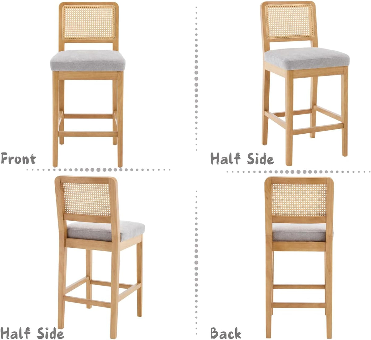 chairus Set of 4 Bar Stools, Chenille Bar Chair with Rattan Backrest, Retro Wood, Bar Stool for Dining Room, Kitchen, Grey-4 - QUORE