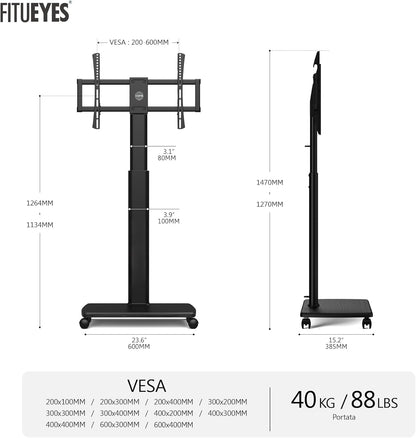 FITUEYES tv standaard verrijdbaar met hout-voet voor 32-55 65 70 inch, Draaibaar & Hoogte verstelbaar tv stand op wielen, universal vloerstandaard trolley met wheel Max VESA 600x400mm