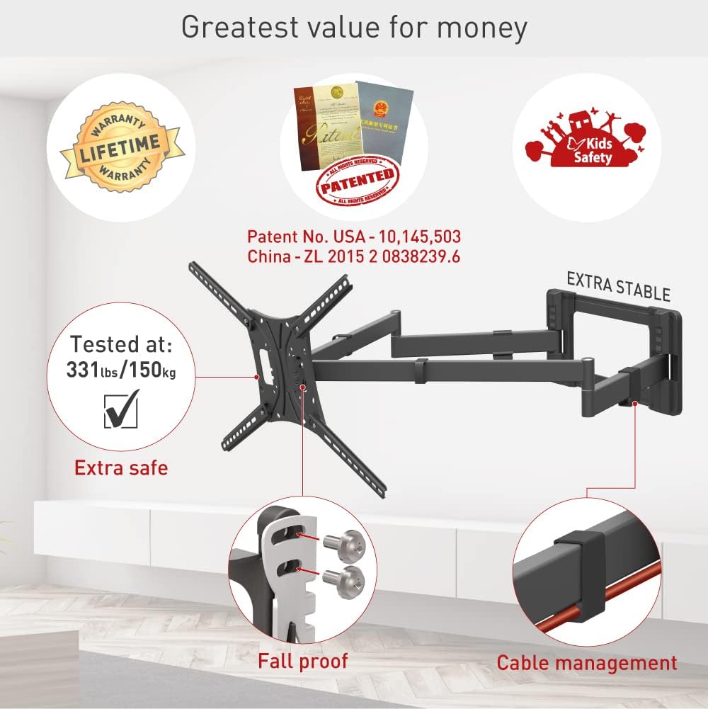 Barkan 1 meter lange tv-wandbeugel, 13-80 inch dubbele arm, zwenkbaar/volledige beweging plat en gebogen televisie tv-beugel, houdt tot 50 kg, extra stabiel, 101 cm, voor LED OLED LCD, max. VESA