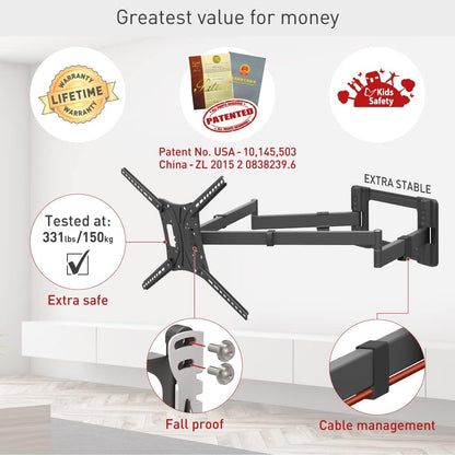 Barkan 1 meter lange tv-wandbeugel, 13-80 inch dubbele arm, zwenkbaar/volledige beweging plat en gebogen televisie tv-beugel, houdt tot 50 kg, extra stabiel, 101 cm, voor LED OLED LCD, max. VESA