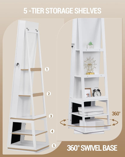 Hzuaneri Jewellery cabinet, with 360° rotating base, lockable mirror in full length, large 4-stage storage compartments, 4-in-1 multifunctional, white and black JC16003B