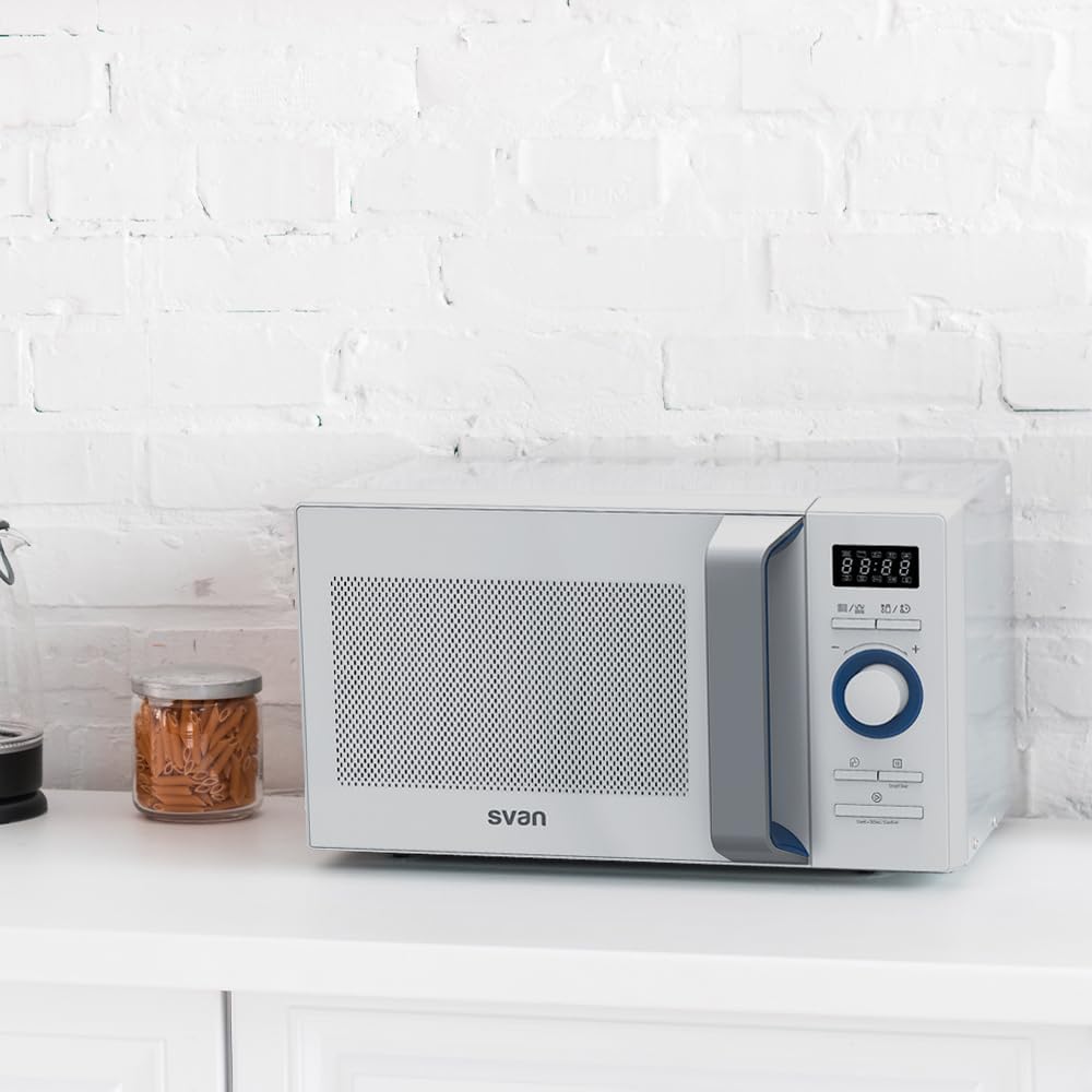 Magnetron – Microgolfoven – Mini Oven – Magnetronoven – Compacte Oven – 20 Liter – 800 W Magnetronvermogen – 1000 W Grillfunctie – 8 Programma’s – Digitale Timer 95 Min – Blauwe Geëmailleerde Binnenkant – Witte Glazen Deur