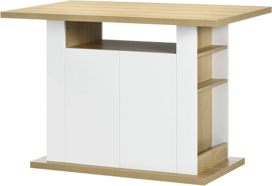 HOMCOM Dining Table, Island, Kitchen, Storage Cabinet, Table with Large Worktop, 4-6 People, Cabinet with 4 Doors and Shelves, Wood, Dimensions: 110 x 70 x 75.5 cm, White and Natural - QUORE