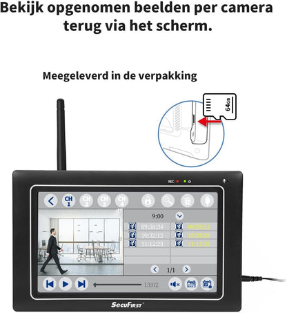 SecuFirst 2K Beveiligingscamera Buiten met Binnenmonitor Draadloos, 7" Touch Screen NVR + 4X Outdoor Camerabewaking Babyfoon Werken zonder Wi-Fi, AI Bewegingsdetector, 64 GB SD-kaart.Intercom.