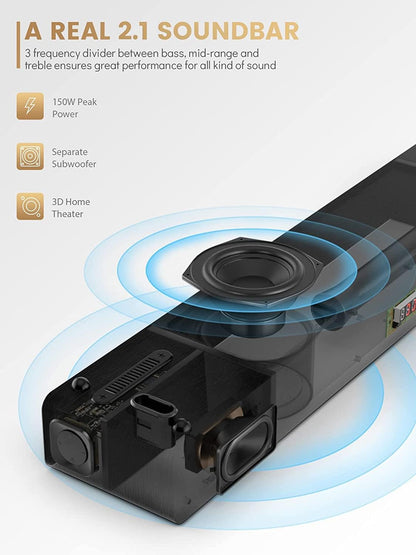 MEREDO Soundbar 2.1 Hout voor tv-toestellen, 150W, soundbar met geïntegreerde subwoofer met ARC-kabel, optisch, AUX, BT, 5 EQ-modi, luidspreker, geluidssysteem voor televisie voor thuisbioscoop, 71cm