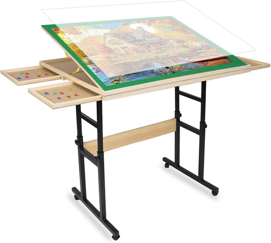 Wooden puzzle table with legs for 1500 pieces, 89 x 69 cm, height adjustable, 45 degree inclination, 4 drawers with lid, ideal gift for adults - QUORE
