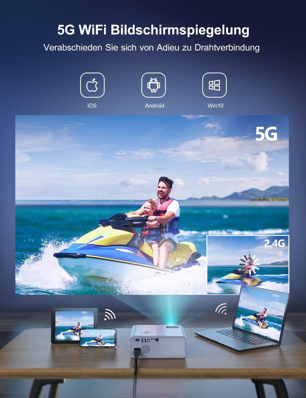 Beamer Full HD 5G WiFi Bluetooth, WiMiUS 9500 lumen 1080p beamer ondersteunt 4K video thuisbioscoop projector