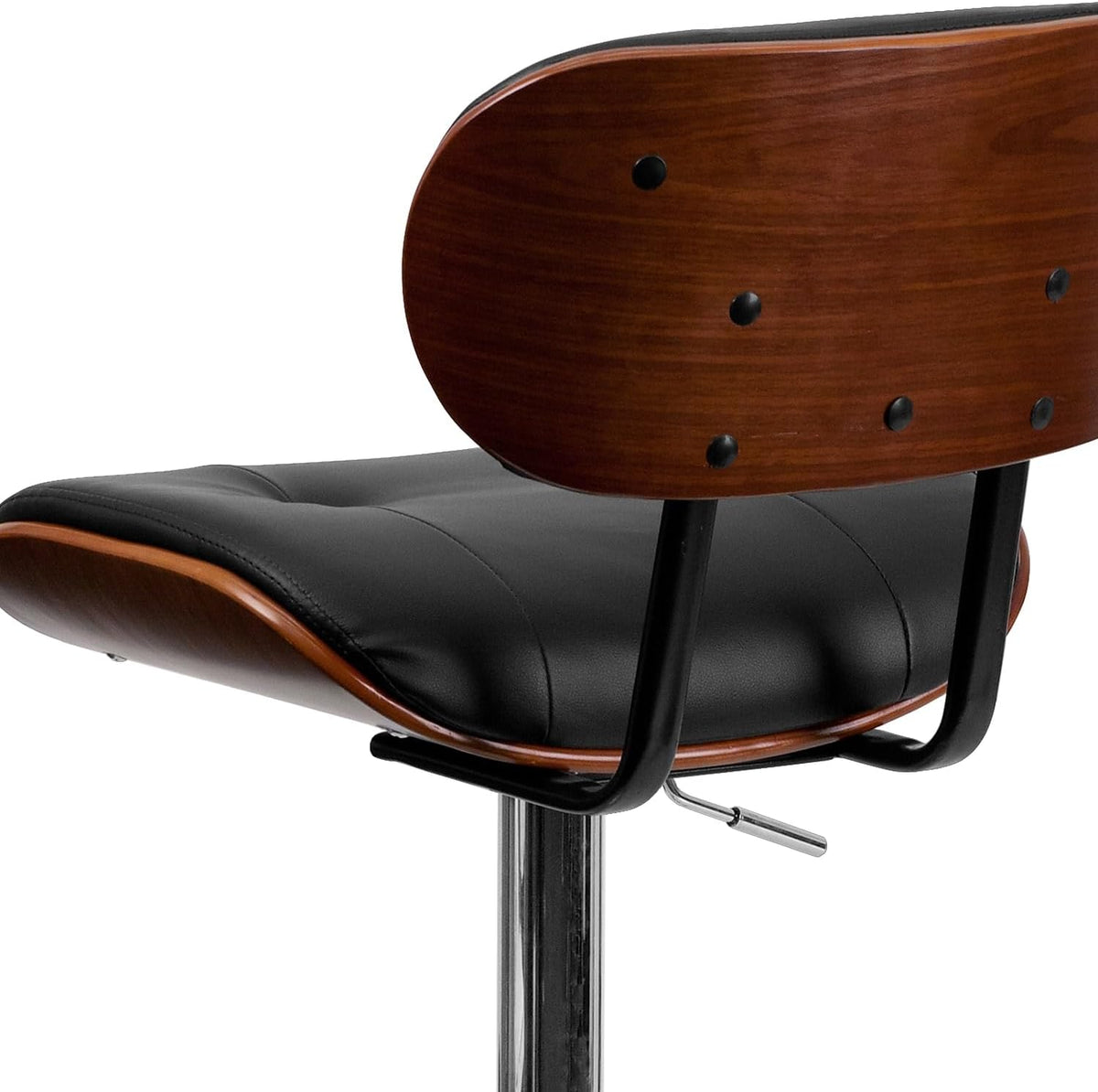 Flash Furniture Barkruk van walnoothout met verstelbare hoogte en met knopen gewatteerde zwarte vinyl bekleding
