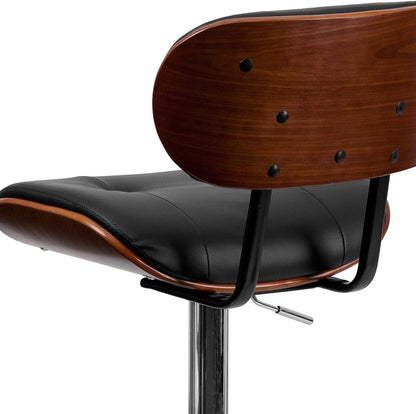Flash Furniture Barkruk van walnoothout met verstelbare hoogte en met knopen gewatteerde zwarte vinyl bekleding