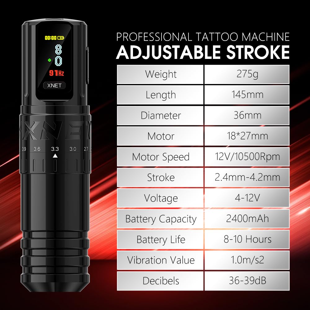 Vipera - Tattoo Machine - Tattoo pen - Tattoo Set - Complete set voor beginners & gevorderden - Verstelbare slag 2.4-4.2mm - Tattoo Machine Pen - 10500Rpm - 2400mah - Zwart - QUORE