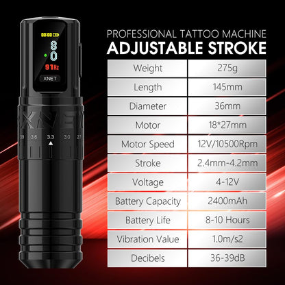 Vipera - Tattoo Machine - Tattoo pen - Tattoo Set - Complete set voor beginners & gevorderden - Verstelbare slag 2.4-4.2mm - Tattoo Machine Pen - 10500Rpm - 2400mah - Zwart - QUORE