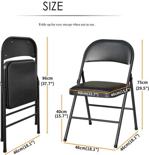 Klapstoel - Vouwstoel - Eettafelstoelen - Set van 4 - Opklapbare Stoelen - Draagbare - Makkelijk  Opbergbare - met Metalen Frame - voor Binnen - Buiten - Kantoor - Kamperen - Vinyl - 46 x 46 x 75 cm - Zwart