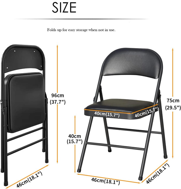 Klapstoel - Vouwstoel - Eettafelstoelen - Set van 4 - Opklapbare Stoelen - Draagbare - Makkelijk  Opbergbare - met Metalen Frame - voor Binnen - Buiten - Kantoor - Kamperen - Vinyl - 46 x 46 x 75 cm - Zwart