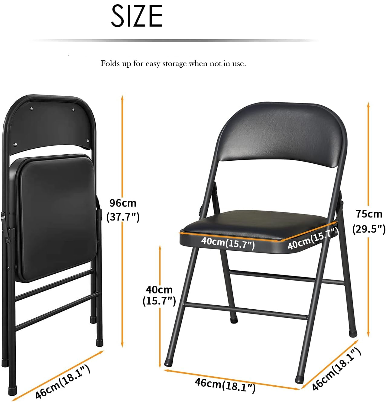 Klapstoel - Vouwstoel - Eettafelstoelen - Set van 2 - Opklapbare Stoelen - Draagbare - Makkelijk  Opbergbare - met Metalen Frame  - voor Binnen - Buiten - Kantoor - Kamperen - Vinyl - 46 x 46 x 75 cm - Zwart