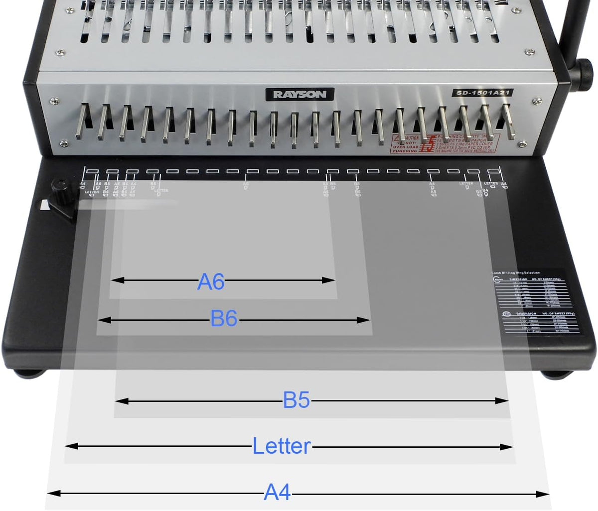 RAYSON SD-1501A21 Plastic kambindmachine, 21 gaten, perforeert 12 A4-bladzijden, bindt tot 200 pagina’s, Aanpasbaar ponsmes