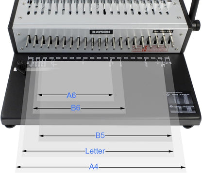 RAYSON SD-1501A21 Plastic kambindmachine, 21 gaten, perforeert 12 A4-bladzijden, bindt tot 200 pagina’s, Aanpasbaar ponsmes