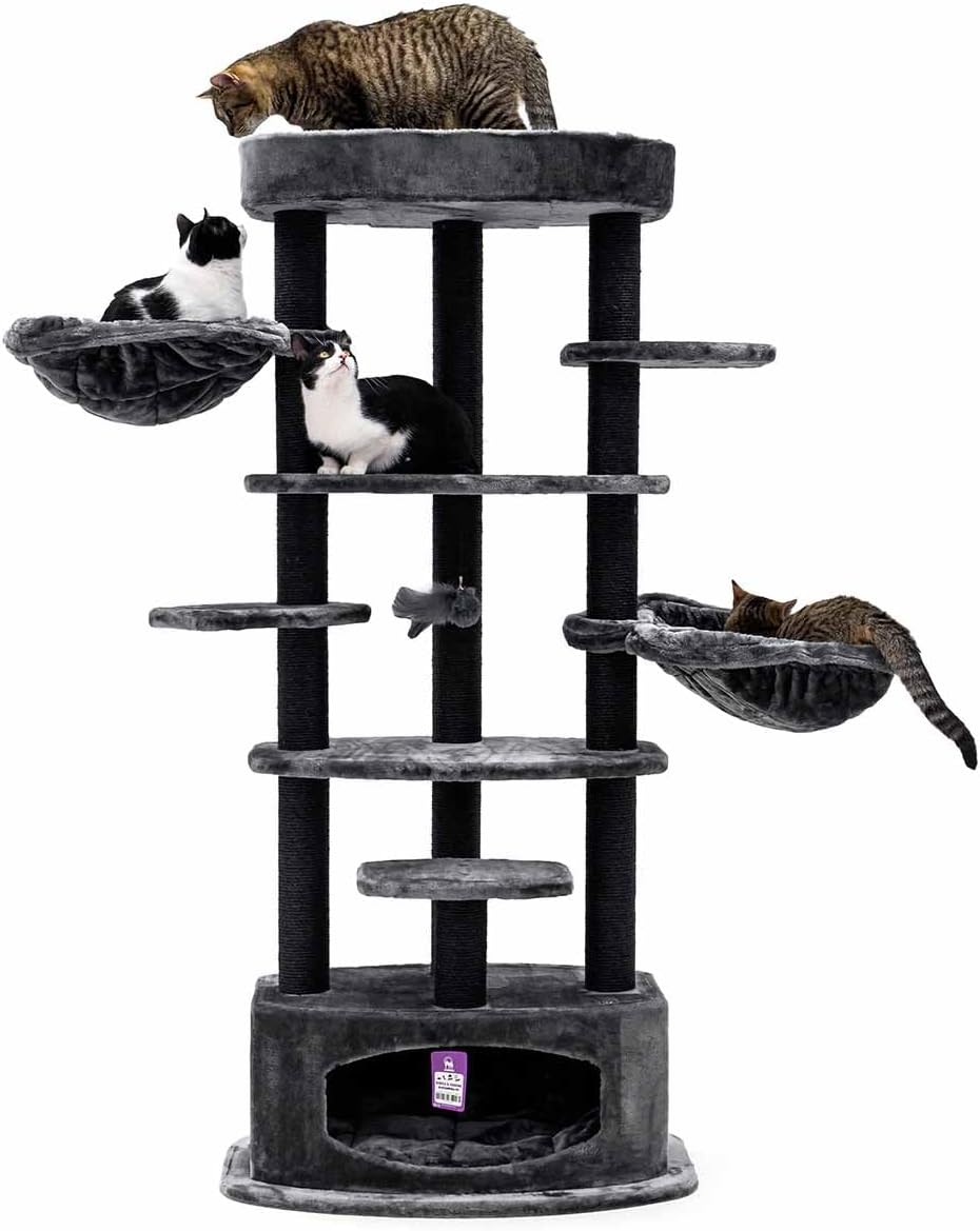 Kattenkrabpaal – Krabmeubel – Kattenboom – Krabton – Krabhuis – Zwart – 177 cm Hoog – Inclusief Comfortabele Ligbak & Ruim Kattenhol