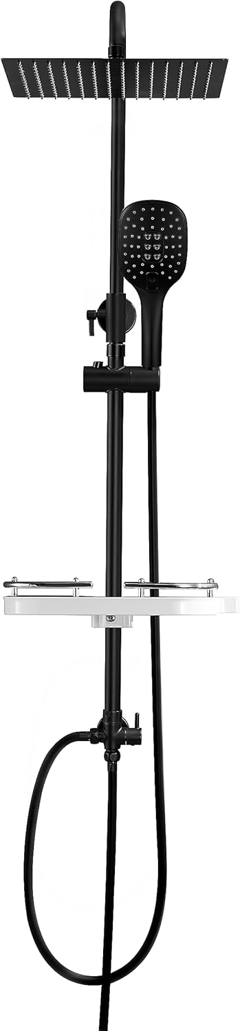 Douchesysteem – Doucheset – Regendouche – Douchezuil – Douchestang – Mat Zwart – Verstelbare Hoogte 74-114 cm – XXL Doucheplank Inclusief