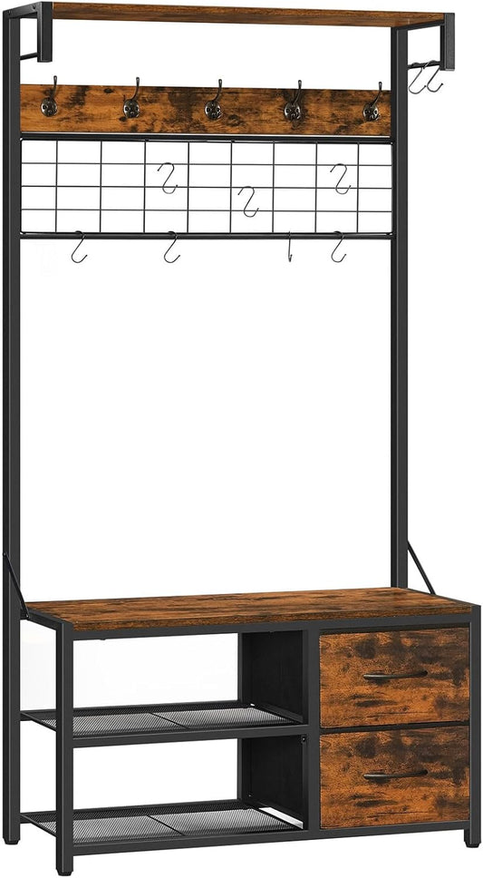 HOOBRO Kapstok met schoenenopbergbank, kapstok met haken en 2 laden, 4-in-1 ontwerp, kapstok en schoenenrek, voor hal, entree, woonkamer, slaapkamer, rustiek bruin en zwart EBF08MT01