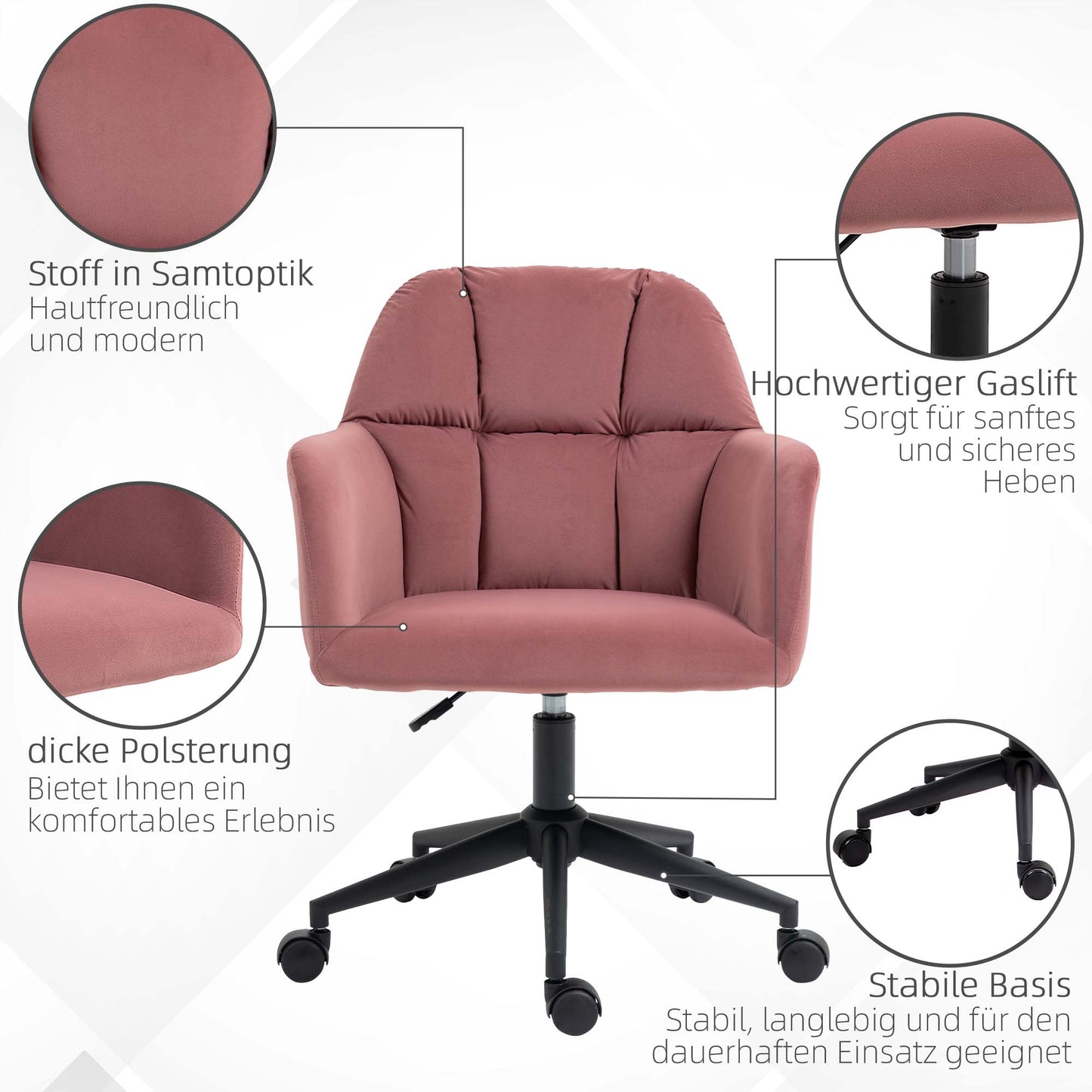 Bureaustoel – Draaistoel – Office Chair – Kantoorstoel – Verstelbare Zithoogte – Fluweelachtige Bekleding – Met Rugleuning – Roze